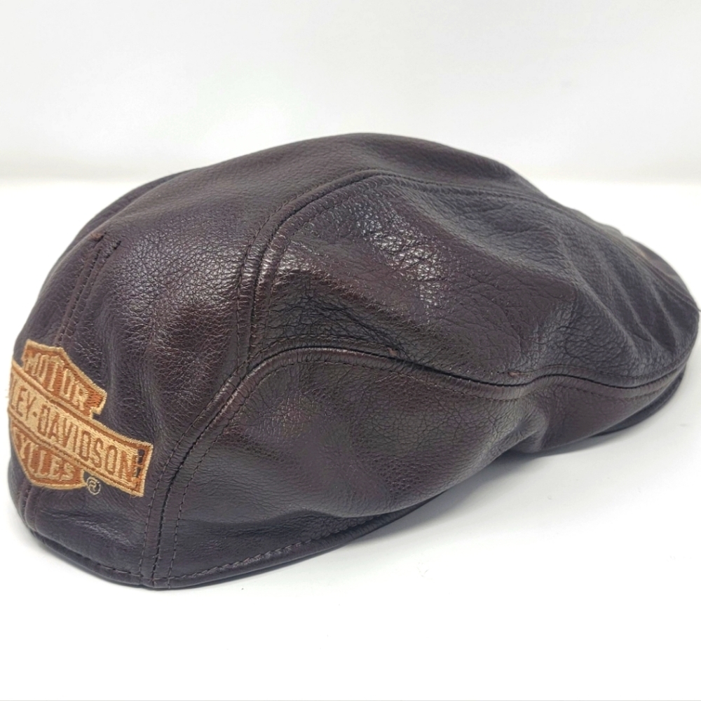Vintage Harley Davidson Newsboy Cabbie Ivy Cap Brown Genuine Leather Hat S/M